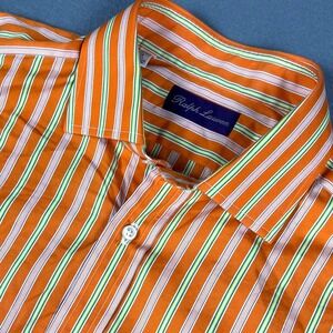 Ralph Lauren Purple Label Mens 16 Orange Green Striped Cotton Shirt Made Italy